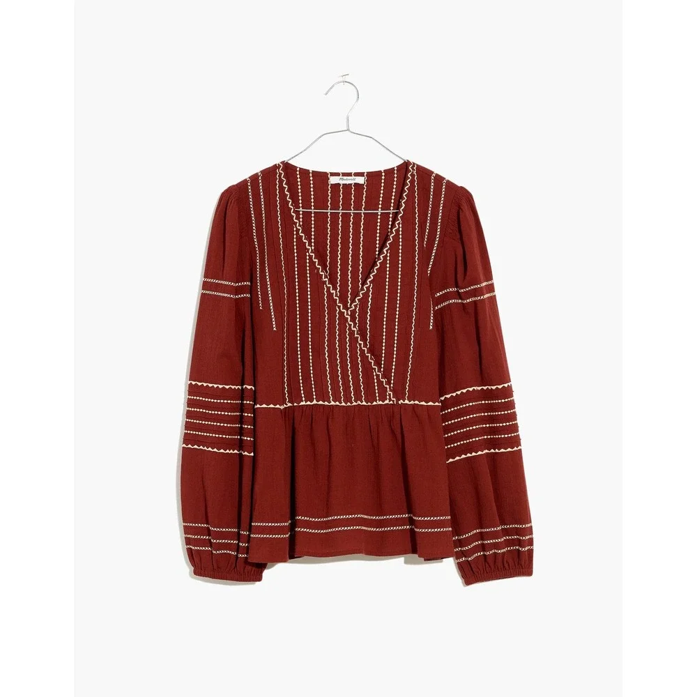 Madewell Embroidered Faux-Wrap Top Women Size S Brown Long Sleeve Peplum